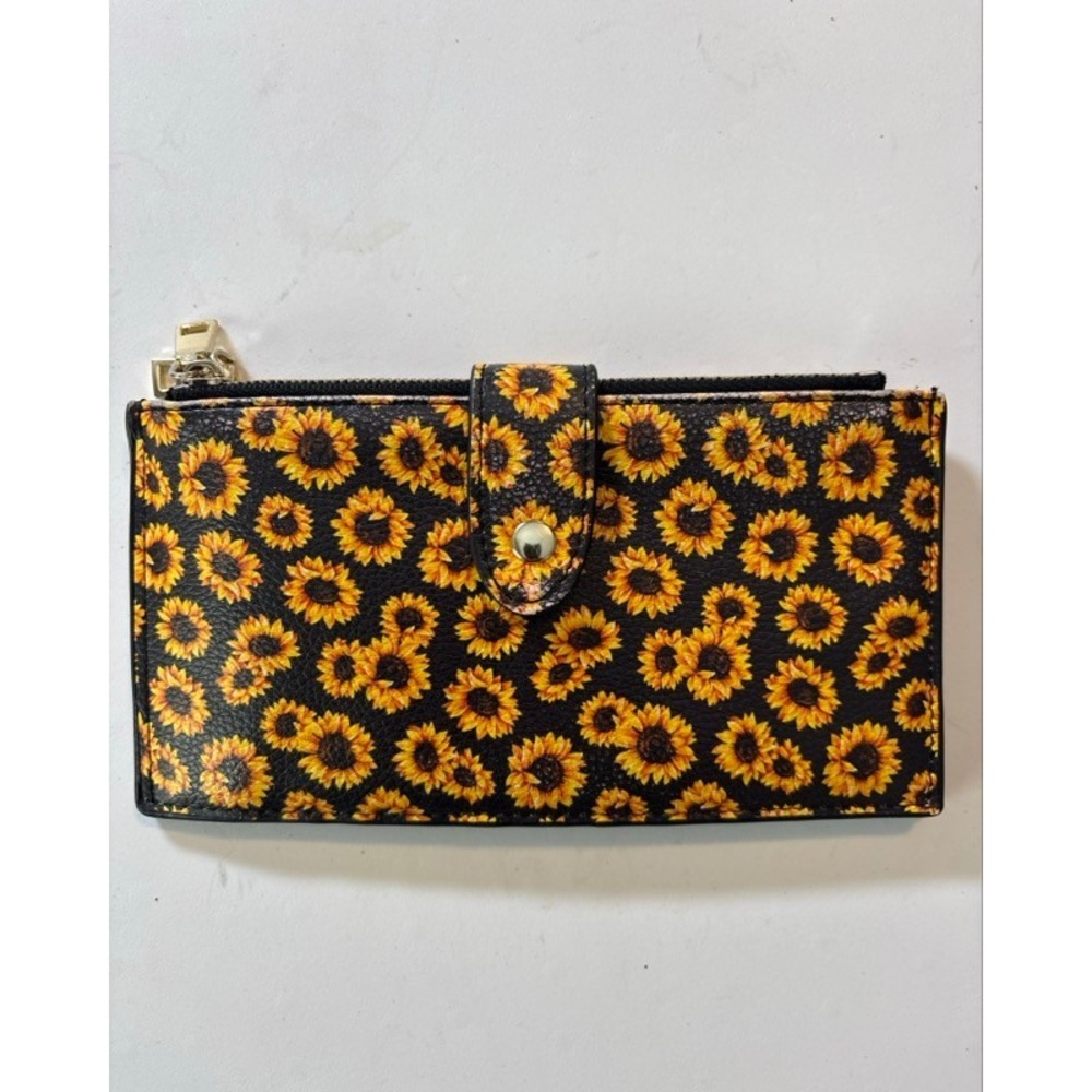 Sunflower Print Slim Bifold Wallet Black Faux Leather Card Holder ID‎ Window